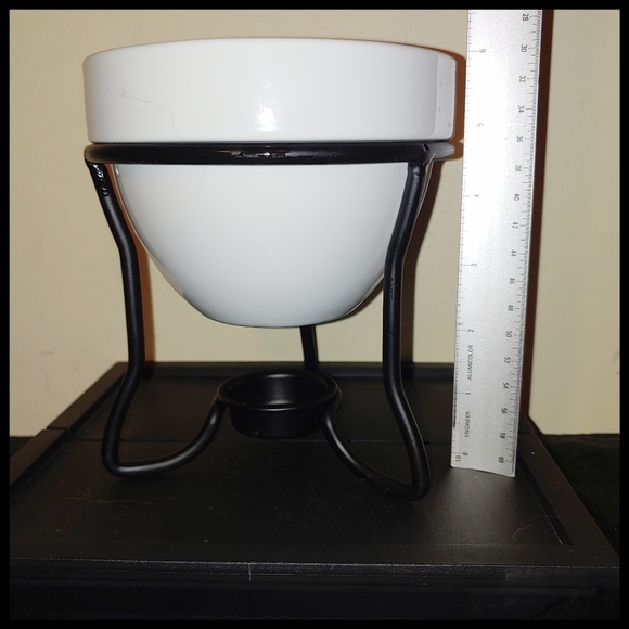 Dessert Fondue Set -- White Ceramic Bowl, Black Metal Stand w/ 4 Forks - Picture 3 of 4